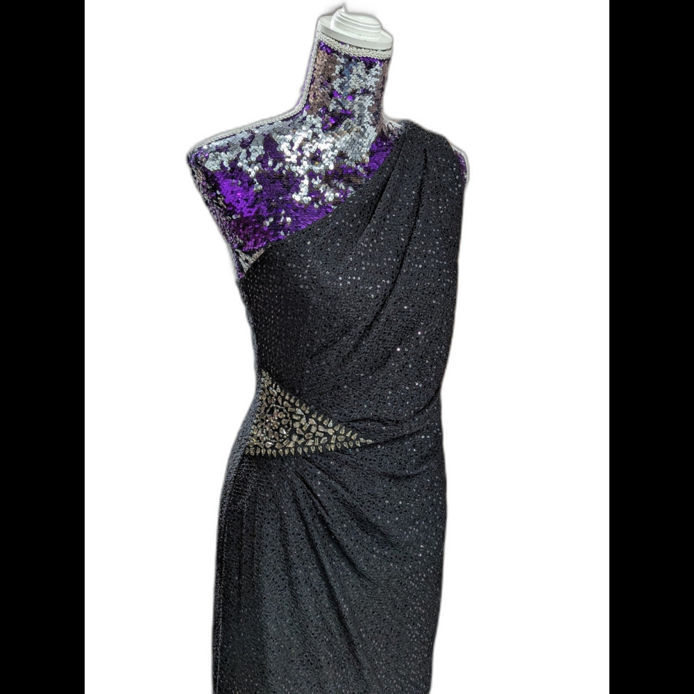 Jackie Jon Size 10 Black One Shoulder Dress Sparkle Glitter Rhinestone‎ Accent